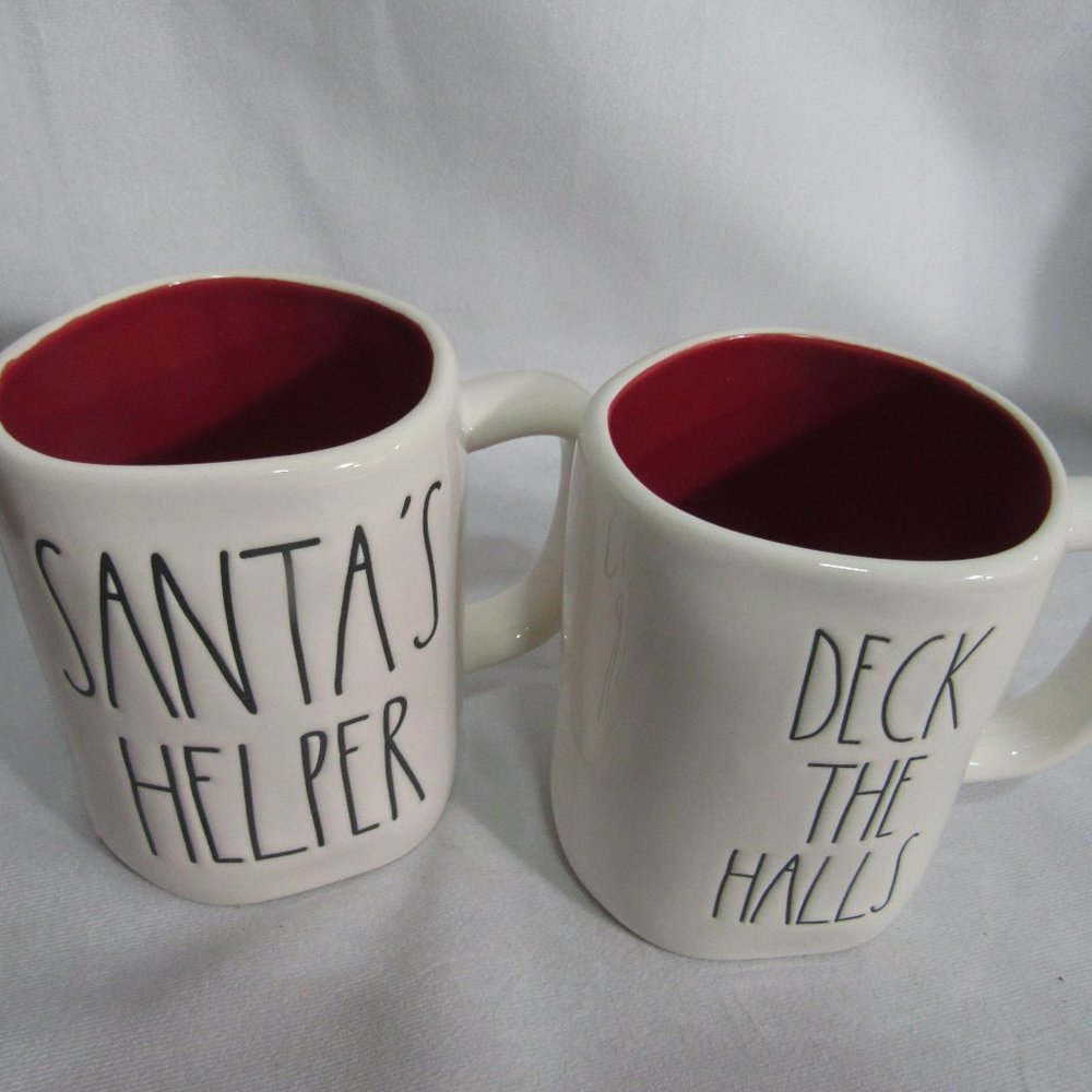 RAE DUNN CHRISTMAS MUGS PAIR  WHITE WITH  RED INSIDE NEW